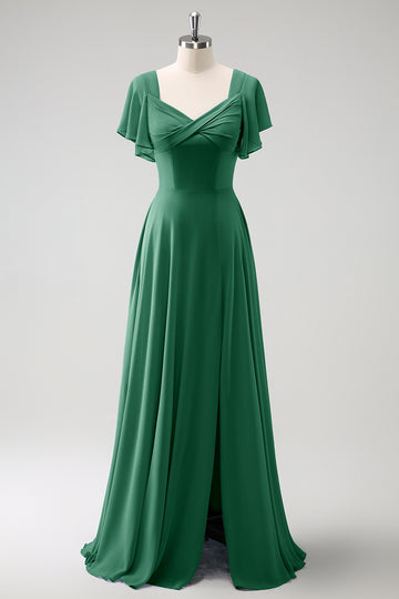 Vestido largo de dama de honor de gasa gris azul A Line con abertura